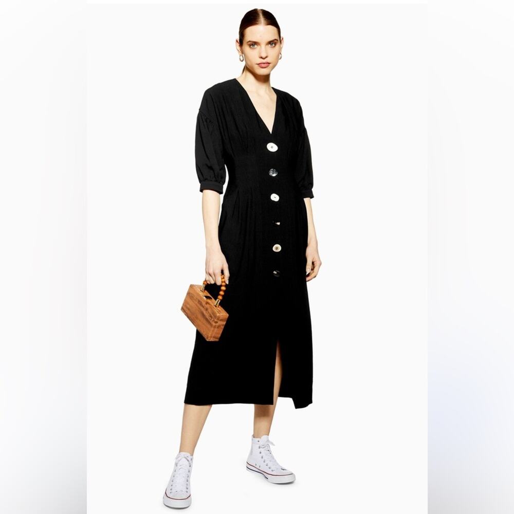 Topshop Black Puff Sleeve Mixed Button Front Midi Dress 8 Pockets